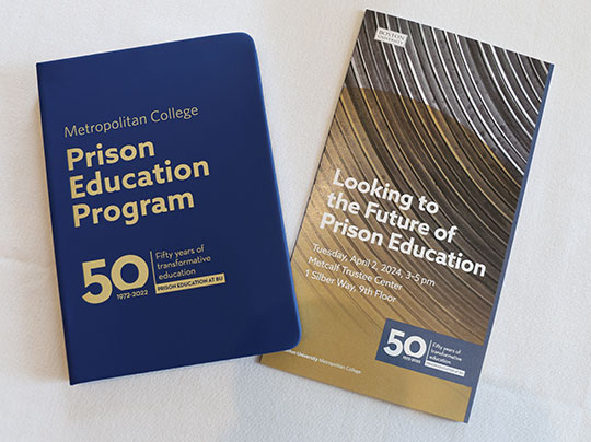 Promotional materials for BU MET's Prison Education Program 50th Anniversary event