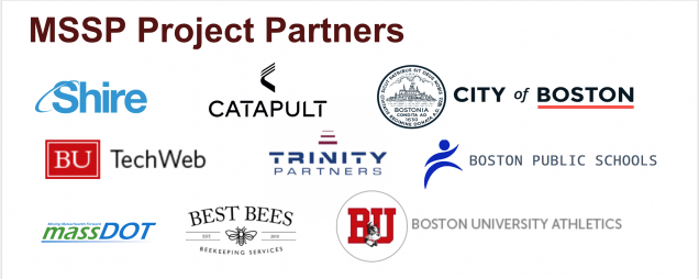 Lists MSSP partner projects including: Boston Public Schools, MassDot, Best Bees, Shire, Catapult, Trinity Partners, BU Athletics, City of Boston, and BU Tech Web