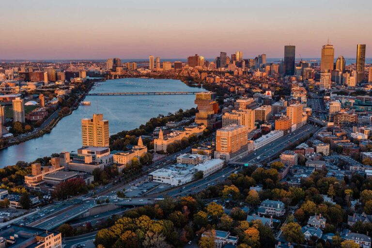 Bird's eye view of Boston at sunset