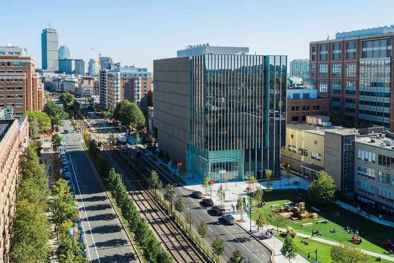 Aerial view of BU campus and Kilachand center