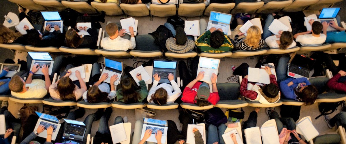 Overhead shot of a classroom with students learning