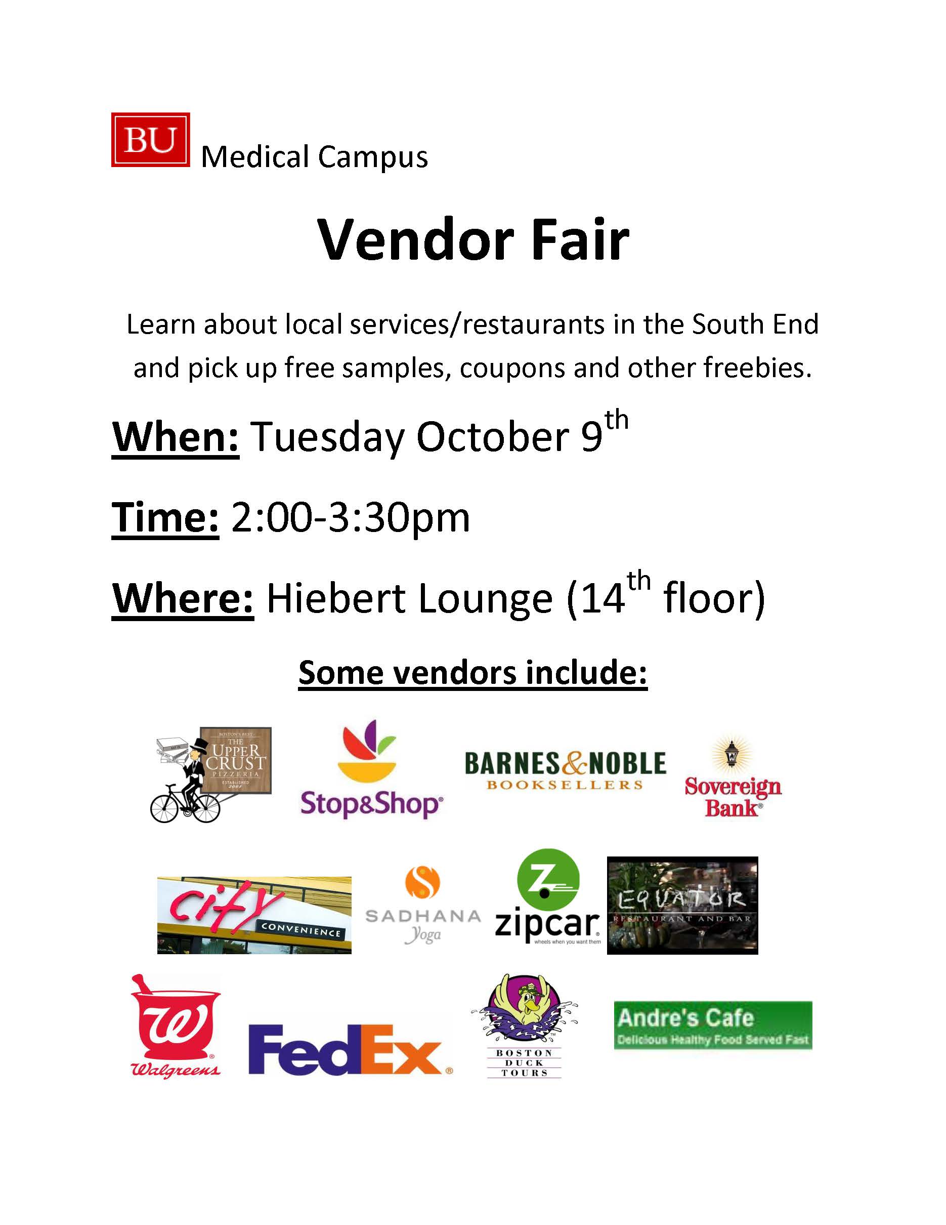 BU Medical Campus Vendor Fair TODAY Tuesday, Oct. 9, 215330pm in