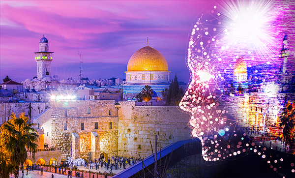 Thumbnail of collage of Skyline of the Old City at the Western Wall and Temple Mount in Jerusalem, Israel and human face created of light to represent digital consumption of news