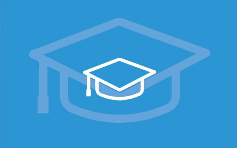 graduation mortarboard cap icon on blue background