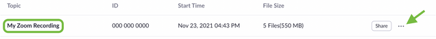 Screenshot of the Zoom cloud recordings list with one recording displayed. The recording title is highlighted and an arrow points to the elipses button on the right.