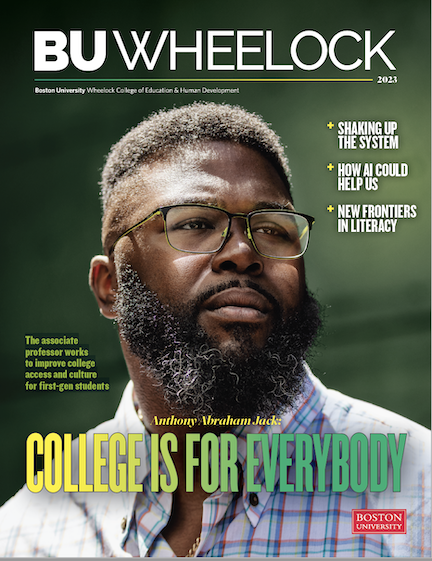 2023 BU Wheelock Magazine cover showcasing Anthony Jack with a headline reading "College is for Everybody"
