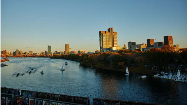 Boston skyline and boats on river