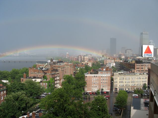 Photo of a rainbow over BU’s Charles River Campus