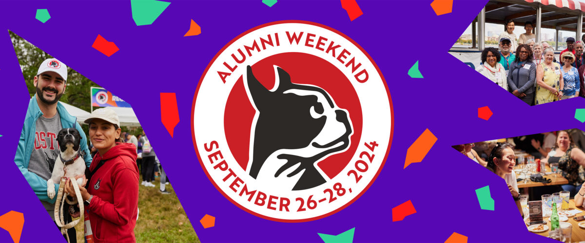 BU Alumni Weekend, September 26–28, 2024: A purple banner with red, orange, and green confetti and cutouts with picture of happy alumni