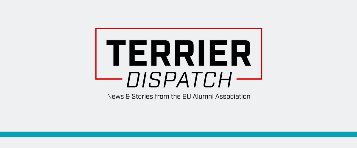 Black text within a red box on a white background: Terrier Dispatch, News & stories from the BU Alumni Association