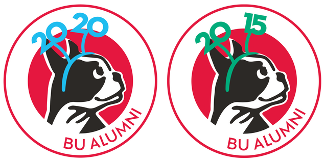 two images of terriers with class years 2015 and 2020 headbands on