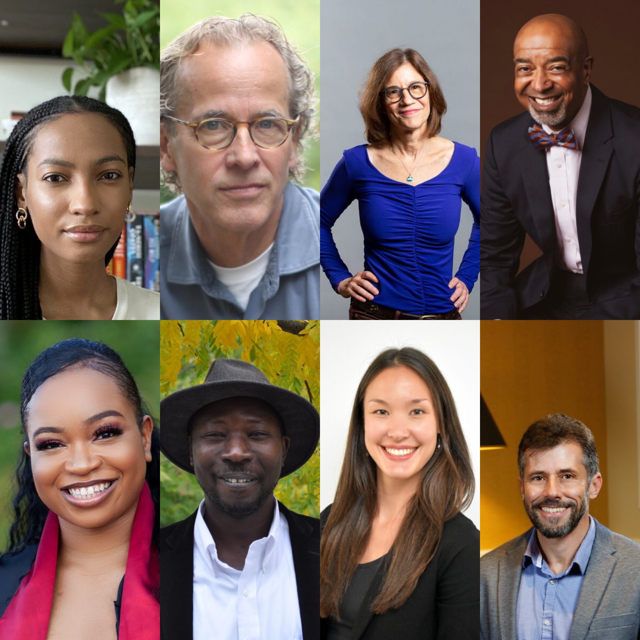 Photo grid of some of the Center's Affiliates from left to right: Jourdyn A. Lawrence, Doctoral Candidate at Harvard University; Dick Lehr, Boston University journalism professor; Dawn Belkin Martinez, Clinical Associate Professor & Associate Dean of Equity and Inclusion at Boston University School of Social Work; Craig S. Andrade, Associate Dean of Practice & Director of The Activist Lab at Boston University School of Public Health; Alexandria Chidera Onuoha, Doctoral Candidate at Suffolk University; Fallou Ngom, professor of Anthropology at Boston University; Sidney May, doctoral candidate at Boston College Lynch School of Education and Human Development;; David Carballo, Associate Professor & Assistant Provost for General Education at Boston University College of Arts & Sciences.