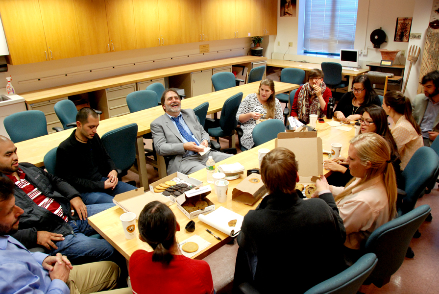 Professor Fash (center) shares a light moment during his meeting with the Boston University Archaeology Graduate Students and Professor David Carballo (left).