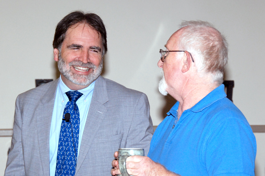 Professor Fash (left) talks with BU Professor Emeritus Norman Hammond prior to giving the Raymond & Beverly Sackler Distinguished Lecture endowed in honor of Professor Hammond.