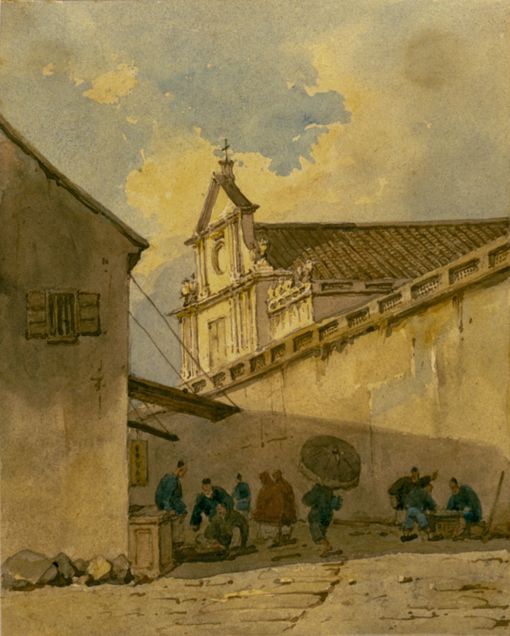 Street scene with São Domingos (Saint Dominic), the convent of the Portuguese Dominicans in Macao, seat of the Propaganda Fide procurators between 1732 and 1776. Watercolor by George Chinnery, c. 1840– 1845. Courtesy of the Peabody Essex Museum, Salem, MA.