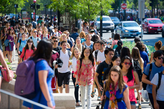 Students walking at BU, Commonwealth Ave.