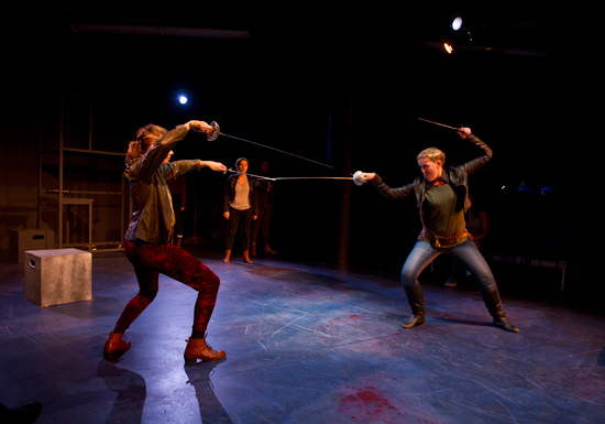 Susanna Young Norris (CFA’14) (from left), Cassandra Grilling (CFA’14), and Francesca Blanchard (CFA’14) in a scene from Femina Shakes’ production of Romeo and Juliet. Photo by Cydney Scott