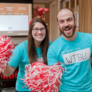 Jessica Gagnon, assistant director for annual giving (left), and Phil DiMartino, associate director for annual giving, getting in on the Giving Day fun.