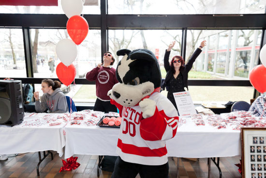 There were dozens of Giving Day celebrations on both the Charles River and the Medical Campus, but the largest was at the GSU, where Rhett the Terrier encouraged givers and danced to beats provided by WTBU’s student deejays.