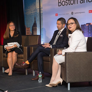 Sue Siegel (from left), CEO of GE Ventures and healthymagination, Sandro Galea, Robert A. Knox Professor and SPH dean, and Monica Valdes Lupi (SPH’99), executive director of the Boston Public Health Commission, at the SPH Dean’s Symposium Building Healthy Cities: Boston and Beyond, on April 5.