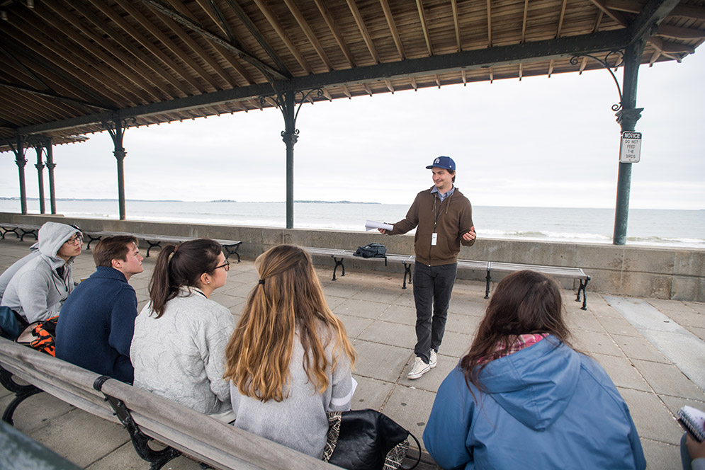 BU graduate student Samuel Palfreyman teaches his Life's A Beach surf culture class at Revere Beach, Revere, MA