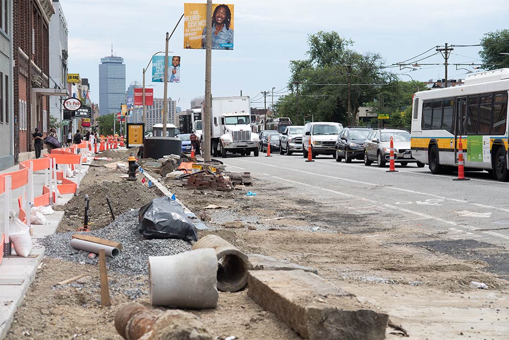 Bike lane construction on Commonwealth Ave. in Boston