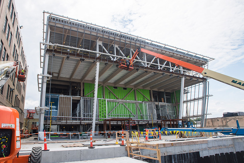 Construction of the College of Fine Arts Joan and Edgar Booth Theatre & Boston University Production Center on Commonwealth Ave. in Boston