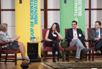 Karen Antman, Kenneth Lutchen, Xue Han, Ahmad “Mo” Khalil, and Darrell Kotton particpate in a panel discussion during the Nexus of Life Sciences and Engineering symposium at the Kilachand Center