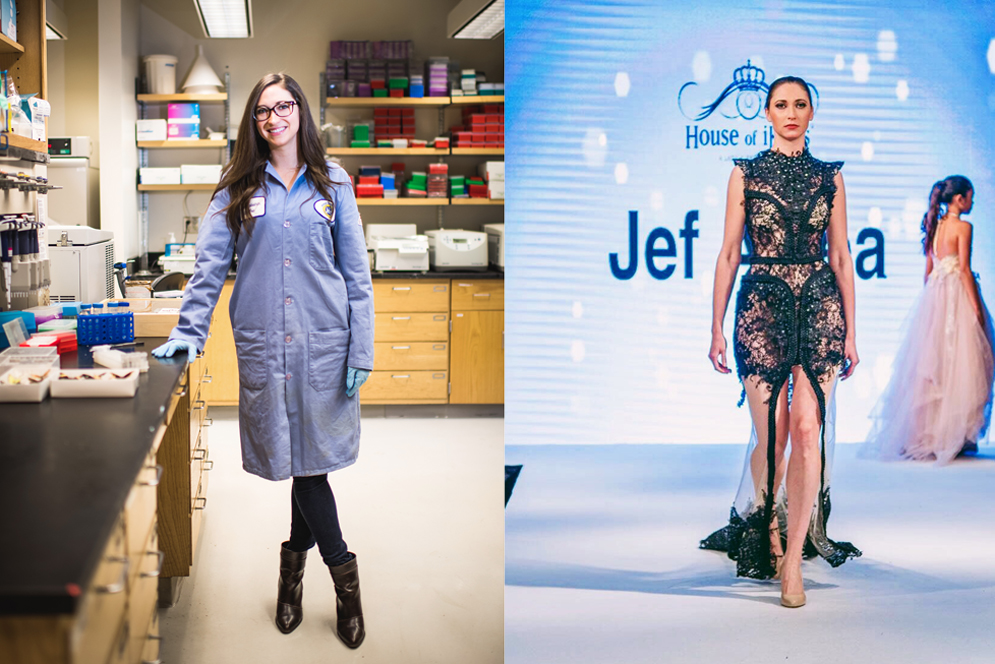 BU postdoctoral researcher Susan Finkbeiner in her lab, and on the runway during London Fashion Week in September. 