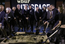 Lead funders for WBUR’s CitySpace dig their shovels into a pit of sand during the ground breaking ceremony and celebration of the upcoming, state-of-the-art multimedia venue.