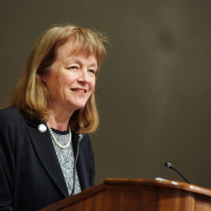 Alice Gast, who in 2014 became the first female president of Imperial College London, delivered BU’s fourth annual ARROWS lecture Thursday. Photo by Dave Green