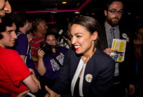 Progressive Democrat Alexandria Ocasio-Cortez celebrartes with supporters at a victory party in the Bronx after upsetting incumbent Democratic Representative Joseph Crowly on June 26, 2018 in New York City. Ocasio-Cortez upset Rep. Joseph Crowley in New York’s 14th Congressional District.