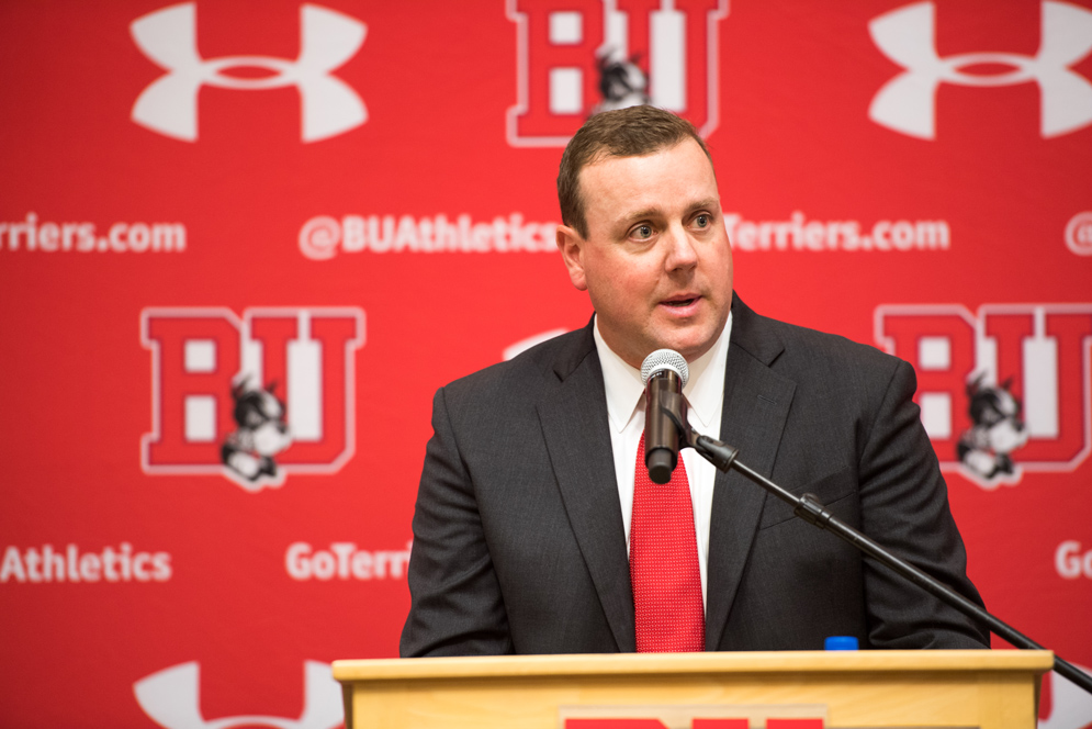 “I wish the season started tomorrow,” Albie O’Connell said while being introduced as BU hockey’s new men’s head coach at a press conference at Agganis Arena on Wednesday. Photo by Cydney Scott