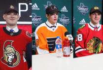 At last weekend’s NHL draft, Brady Tkachuk (CGS’19) (from left) went 4th overall to the Ottawa Senators; incoming freshman Joel Farabee (CGS’20) was chosen 14th by the Philadelphia Flyers; and incoming freshman Jake Wise (CGS’20) was picked up by the Chicago Blackhawks, 69th overall. Photo of Tkcachuk by Michael Ainsworth/AP Photo. Photos of Farabee and Wise courtesy of BU Athletics