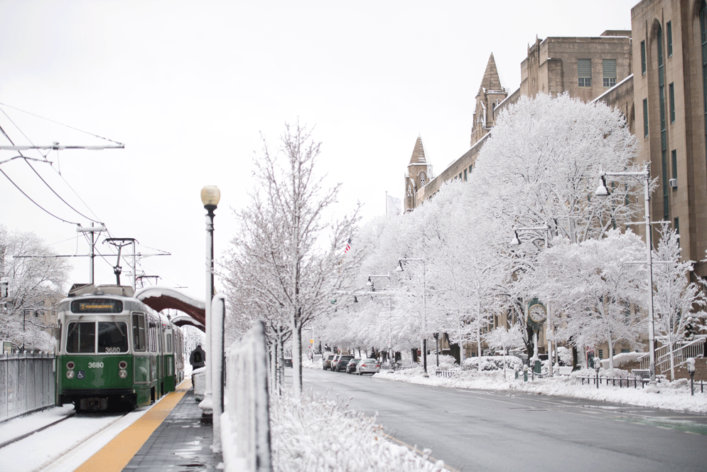 The MBTA Green Line in winter, at Bay State Rd, Kilachand Center, and Marsh Plaza