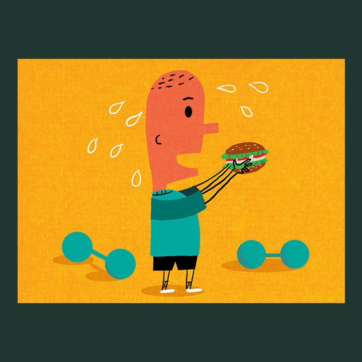 illustration of a sweating man who has just worked out standing near dumbbell weights. he is holding a hamburger, about to shove it in his open mouth.