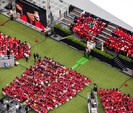 5/19/19 - Boston, Massachusetts Aerial view of the 2019 Boston University Commencement on Nickerson Field on May 19, 2019. Photo by Dave Green for Boston University Photography