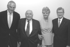 Author David Halberstam, who was invested as the first Fellow of the Howard Gotlieb Archival Research Center on September 30 (from left), with center director Howard Gotlieb, actress Angela Lansbury, and Chancellor John Silber. Photo by Allan Dines