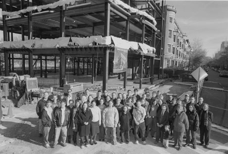 Students, staff, and friends of Boston University Hillel gathered at the Florence and Chafetz Hillel House site, located at the corner of Bay State Road and Granby Street, for a topping-off ceremony on November 23. The new building is scheduled to open in September 2004. Photo by Kalman Zabarsky. 