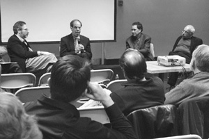 Michael Grodin, an SPH professor of health law, bioethics, and human rights (from left), Leonard Rubenstein, executive director of Physicians for Human Rights, Allen Keller, director of New York University's Bellevue program for survivors of torture, and Daryl Matthews, director of the forensic psychiatry program at the University of Hawaii, Manoa, discussed the legal and ethical rights of detainees at the Guantanamo Bay naval base. Photo by Vivian Borek 