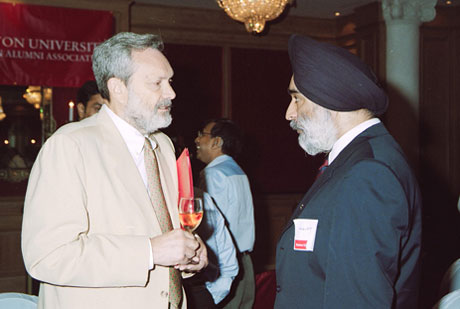 Gerald Keusch, SPH associate dean for global health and a professor of international health (left), chats with Analjit Singh (SMG77, GSM79) after a lecture on September 15 in Mumbai by U.S. Ambassador to India David C. Mulford (GRS62), sponsored by the BU Alumni Association of India. Keusch also is Medical Campus assistant provost for global health and a MED professor of medicine. This month, he became U.S. chairman of a National Institute of Allergy and Infectious Diseases working group overseeing a bilateral Indo-U.S. vaccine program. Singh is chairman of Max India Limited, a multibusiness corporation that aims to create an integrated health-care system in India. Photo courtesy of Stacylee Kruuse