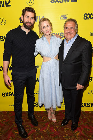John Krasinski, Emily Blunt, and CEO/ Chairman of Paramount Pictures Jim Gianopulos attend the "A Quiet Place" Premiere 2018 SXSW Conference and Festivals at Paramount Theatre on March 9, 2018 in Austin, Texas
