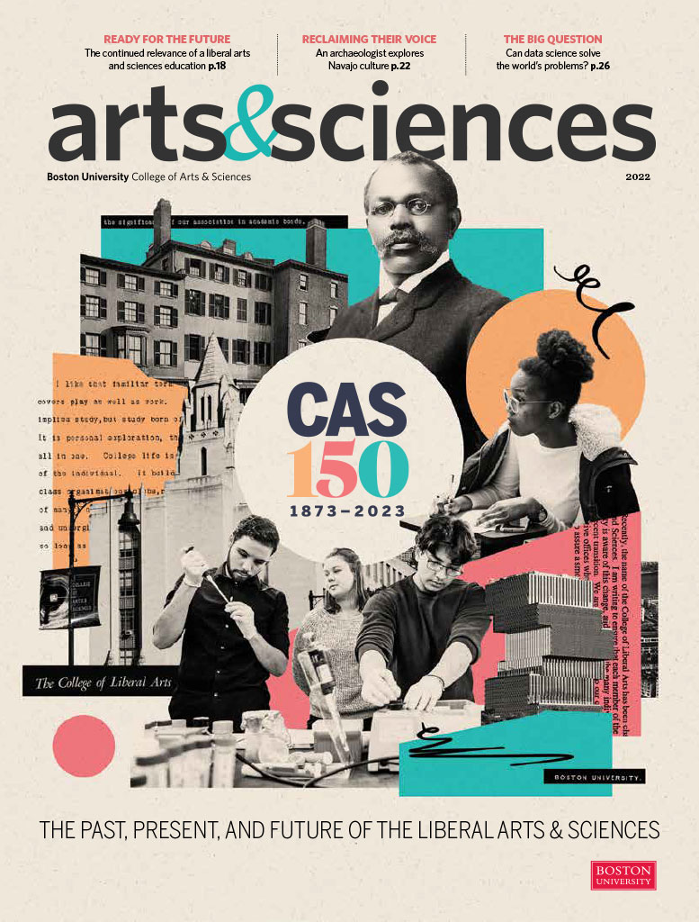 Cover of Arts & Sciences magazine from Fall 2022. Image features a collage of images from CAS throughout the years with the title 'CAS 150 1873-2023'