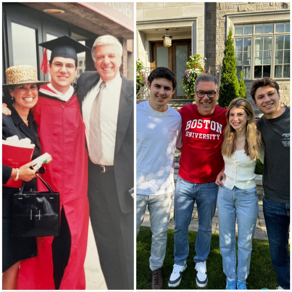 Richard Davis (GRS'99) with his parents at his BU graduation (left) and with his family on campus in 2024 (right). 