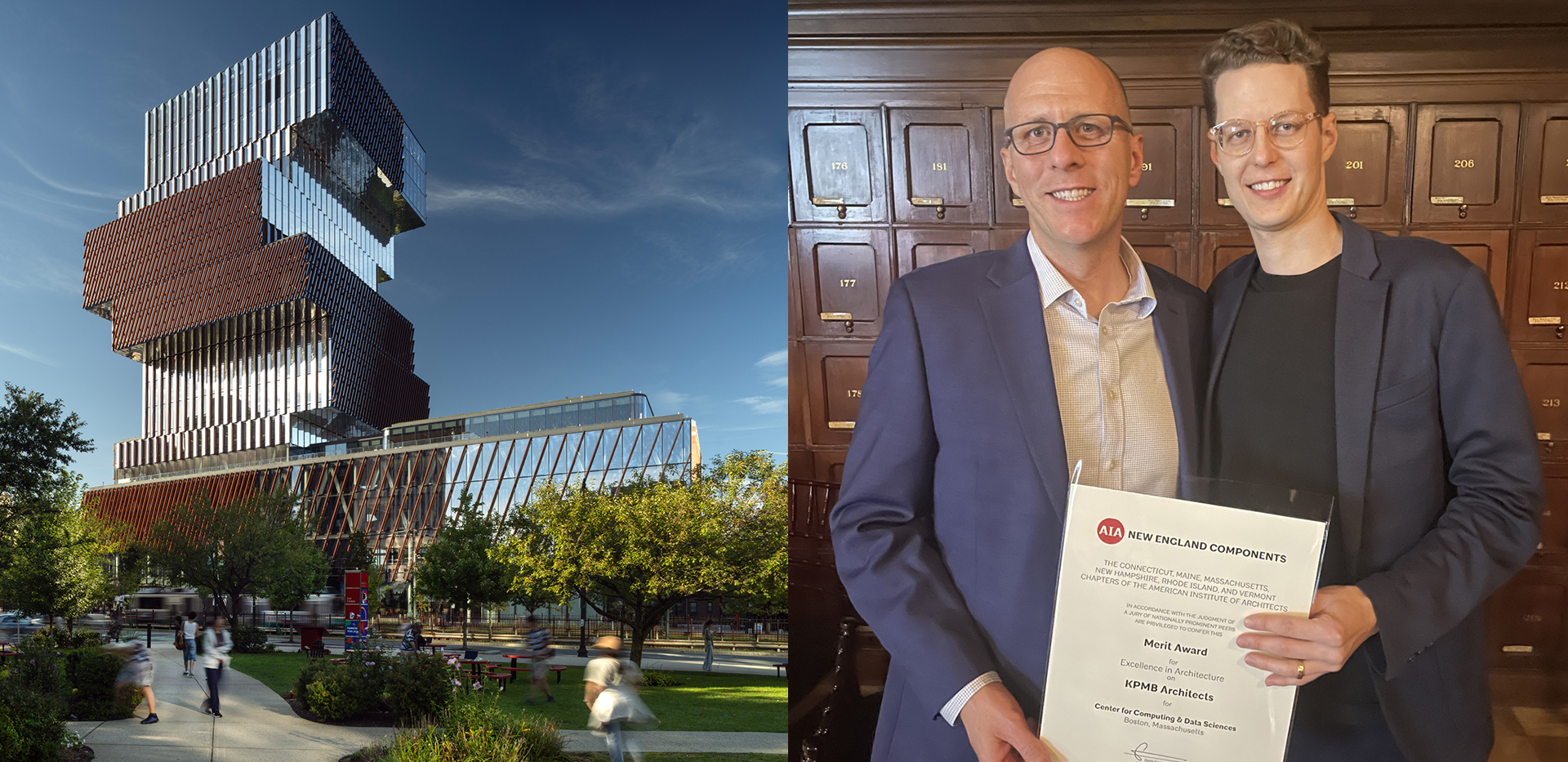 Split Photo: Left half showing the Boston University Center for Computing & Data Sciences; Right half showing two people holding an award certificate for a photo