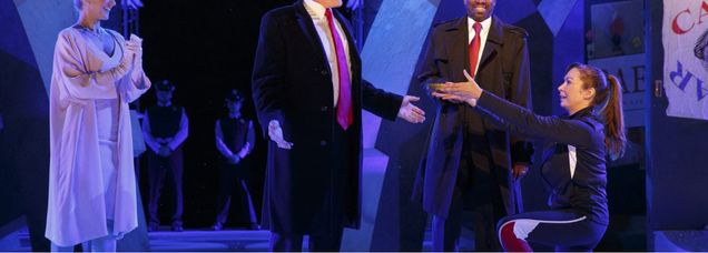 Tina Benko, left, portrays Melania Trump in the role of Caesar's wife, Calpurnia, and Gregg Henry, center left, portrays President Trump in the role of Julius Caesar during a dress rehearsal in May of The Public Theater's production of "Julius Caesar" in New York. (Joan Marcus/The Public Theater via AP) “Am