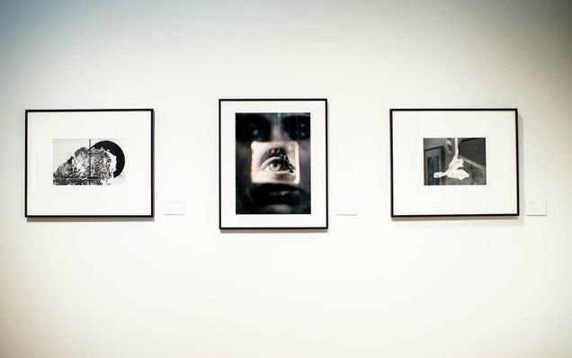 Photographs by artists Claire A. Warden (from left), Jordanna Kalman, and Elizabeth M. Claffey hang side by side in the Boston University Stone Gallery.