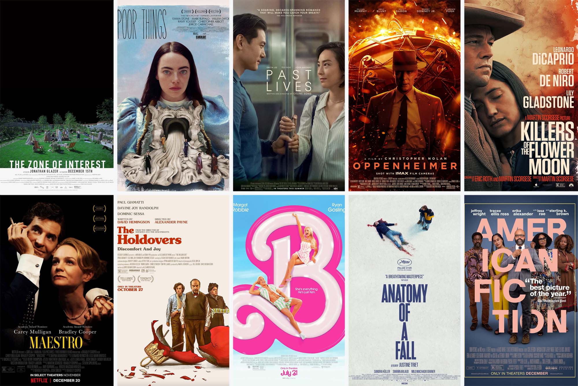 A compositive of the films nominated for the 2024 Academy Award for Best Picture. (From top left) The Zone of Interest; Poor Things; Past Lives; Oppenheimer; Killers of the Flower Moon. (From Bottom Left): Maestro; The Holdovers; Barbie; Anatomy of a Fall; American Fiction