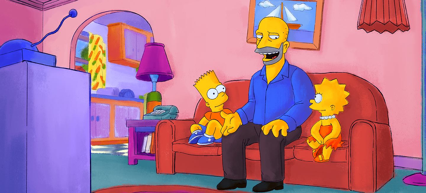 Adam Lapidus sits on the couch in the Simpsons' living room with Bart and Lisa.