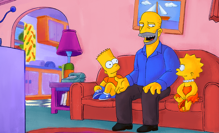 Adam Lapidus sits on the couch in the Simpsons' living room with Bart and Lisa.